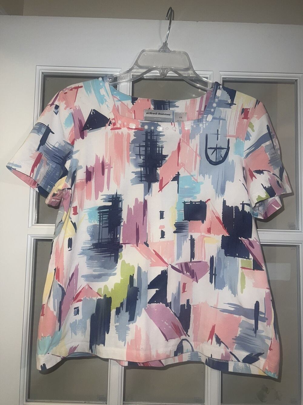 Alfred Dunner women’s watercolor pink blue white blouse studded short sleeve PS